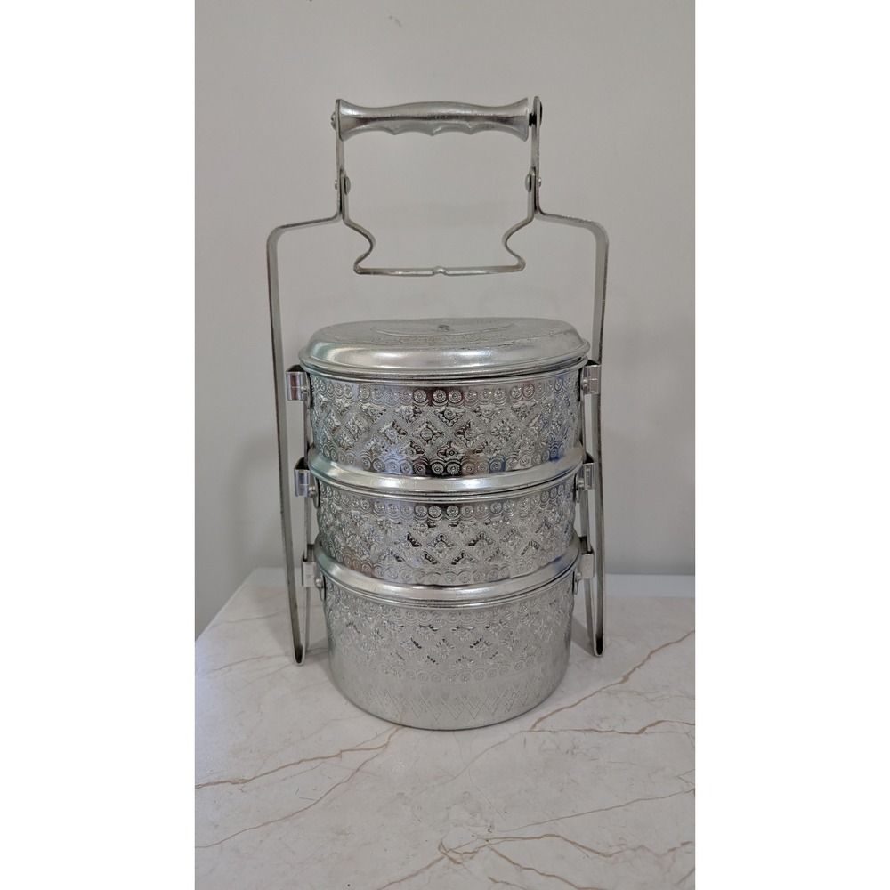 Thai Tiffin Carrier 3 Tier Embossed Aluminum Lunch Box Stackable Food Container